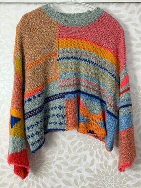 Moon & Madison Women’s M Colorful Boho Stripe Color Block Oversized Crop Sweater